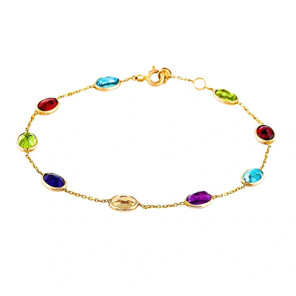 14K Gold Chain Bracelet with Colorful Multi Gemstones - Picture 4 of 12